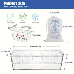 A chilled condiment server tray with five removable compartments, a lid, and dimensions.