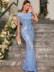 A light blue floor-length sequin mermaid dress with fringe trim sleeves and an o-neck.