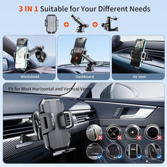 A 3-in-1 car phone mount shown installed on a windshield, dashboard, and air vent.