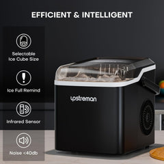 A black Upstreman countertop ice maker sits on a surface with a list of features to its left.