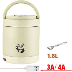 A beige portable electric lunch box with a panda graphic, a folding spoon, and a USB power cable.