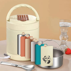 A portable USB electric lunch box with a stainless steel container and a spoon.