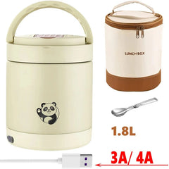 A cream-colored electric lunch box with a panda graphic, insulated bag, spoon, and USB cable.
