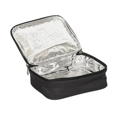 A black rectangular lunch bag with an open lid revealing a silver insulated interior lining.