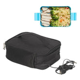A black USB-powered electric lunch bag with a handle and a separate blue food container.