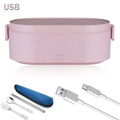 A pink USB heated electric lunch box with a set of metal cutlery and a charging cable.