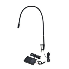 A black UV LED curing lamp with a flexible neck, desk clamp, and a foot pedal switch.