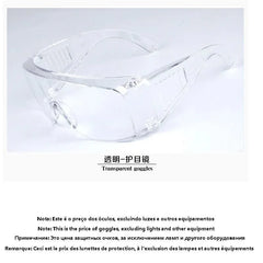 A pair of clear protective safety goggles with side shields.