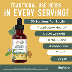 A bottle of Mary Ruth's Organic Respiratory Health liquid extract with herbal illustrations.