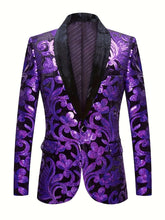 A purple velvet blazer featuring a black shawl collar and a vibrant floral pattern.