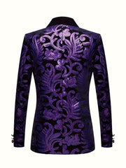 A purple velvet blazer featuring a shawl collar and an intricate floral pattern.