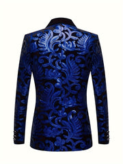 A long-sleeve velvet blazer with a shawl collar and a blue floral sequin pattern.