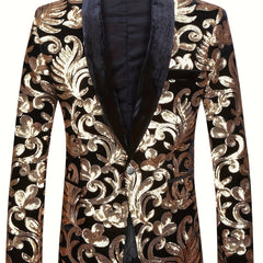 A black velvet blazer featuring a gold floral sequin pattern and a black shawl collar.