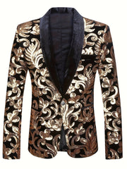 A black velvet blazer with a shawl collar and a gold sequined floral pattern.