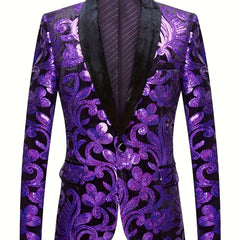 A purple velvet blazer featuring a black shawl collar and a vibrant floral pattern.