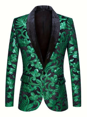 A long-sleeve velvet blazer featuring a shawl collar and a vibrant green floral pattern.