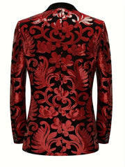 A black velvet blazer featuring a vibrant red sequined floral pattern and a shawl collar.