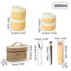 A thermal lunch box set with two containers, a carrying bag, spoon, chopsticks, and case.