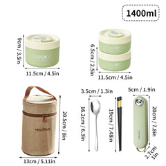 A green thermal lunch box set with a carrying bag, spoon, chopsticks, and case with dimensions.