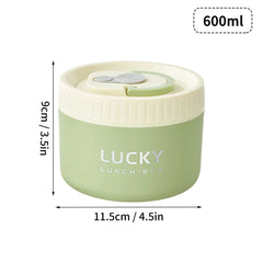 A light green, cylindrical thermal lunch box with a cream-colored lid and a small handle.