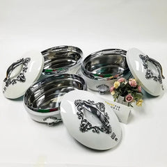 A three-piece set of white thermal food containers with ornate silver handles and lids.