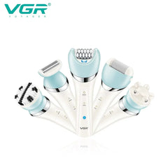 A VGR five-in-one electric epilator set with five interchangeable heads for hair removal and skincare.