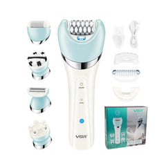 VGR 5-in-1 electric epilator set with multiple attachments, charging cable, and product box.
