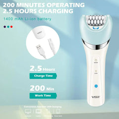 A white VGR electric epilator with a USB charging cable and battery specifications.