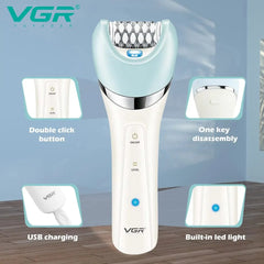 A white and light blue VGR electric epilator with USB charging and a built-in LED light.