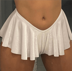 A pair of white low-waisted ruffle shorts with a flared design.