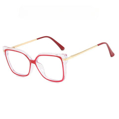 Women's square glasses featuring transparent frames with red rims and thin gold metal temples.