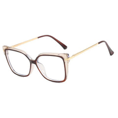 Women's vintage-style square glasses with transparent frames and thin gold-tone metal temples.