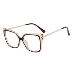 Women's vintage-style square glasses with transparent frames and thin gold-tone metal temples.