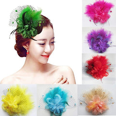 A collection of vintage-style floral hair clips with feathers and netting in various colors.