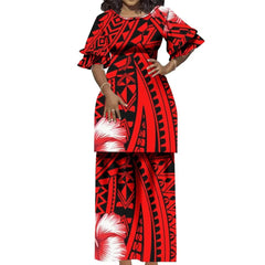 A woman wears a two-piece Polynesian-style outfit featuring a red and black tribal print.