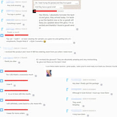 A collection of customer feedback messages praising the quality and scent of lip products.
