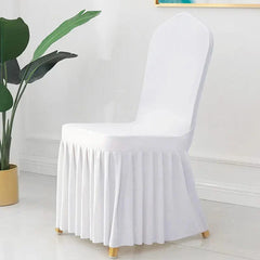 A white, stretchable chair cover with a pleated skirt, designed for banquet or dining chairs.
