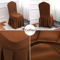 A coffee-colored elastic chair cover with a pleated skirt shown from multiple angles.