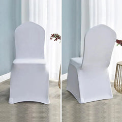 A white spandex stretch chair cover shown from both front and side angles.