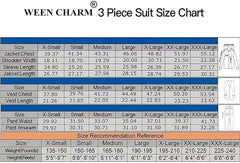 A size chart for a men's three-piece suit showing measurements for jackets, vests, and pants.