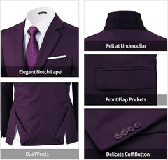 A purple slim-fit men's suit jacket featuring a notch lapel, dual vents, and flap pockets.
