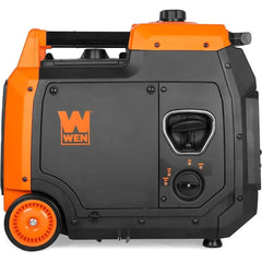 WEN 4800-watt portable inverter generator in orange and black with wheels and a pull handle.