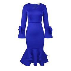 A royal blue V-neck midi dress with long flare sleeves and a ruffled hem.