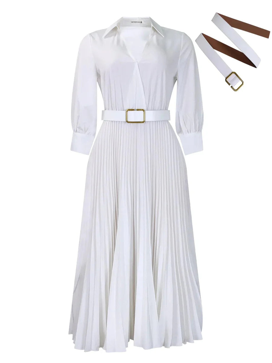 A white long-sleeved V-neck pleated midi dress with a matching belt.