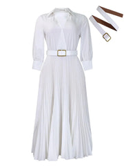 A white long-sleeved V-neck pleated midi dress with a matching belt.