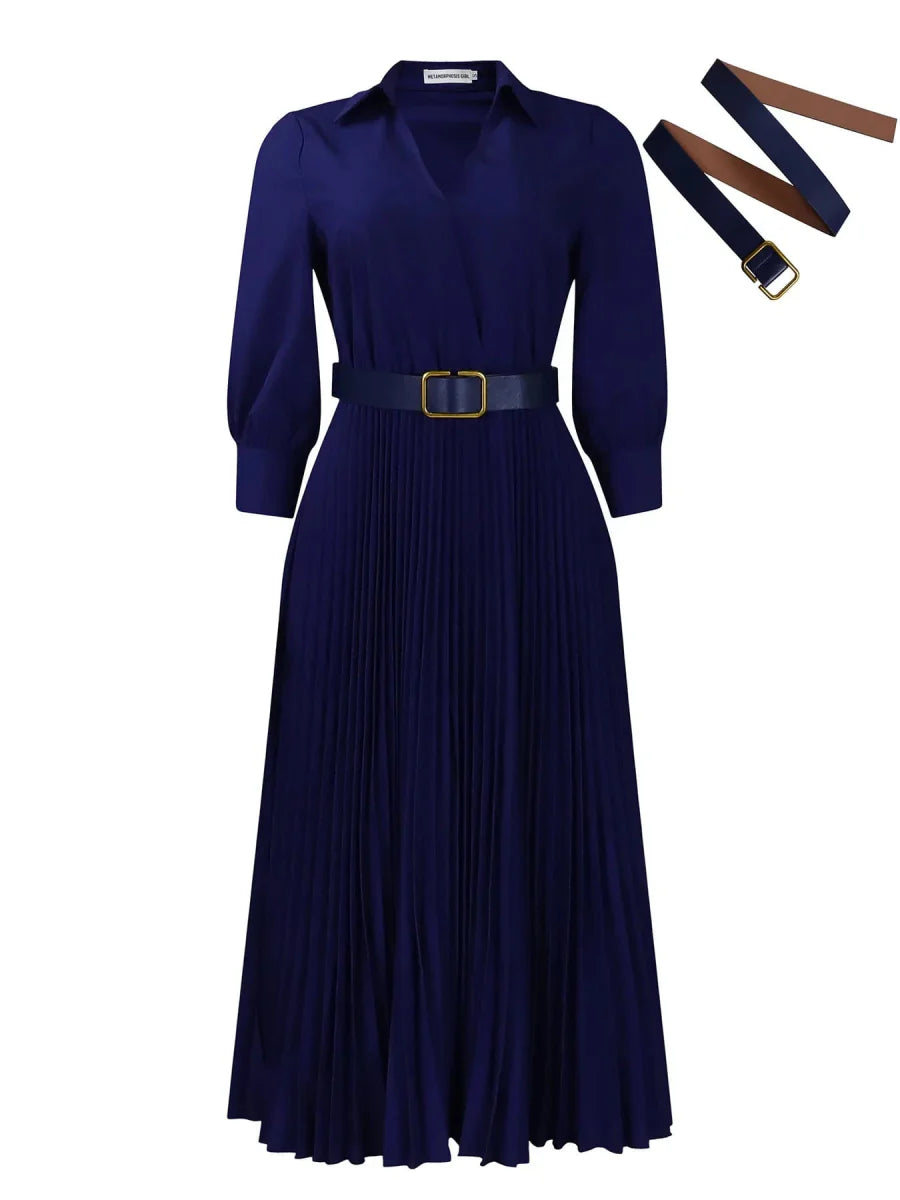 A navy blue long-sleeved pleated midi dress with a V-neckline and a matching belt.