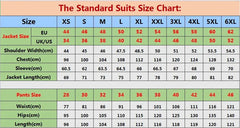 A size chart table for men's suits listing measurements for jackets and pants from XS to 6XL.
