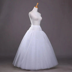 A white four-layer tulle petticoat for an A-line wedding dress displayed on a mannequin.