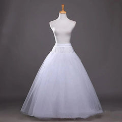 A white four-layer tulle petticoat for an A-line wedding dress displayed on a mannequin.