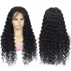 A mannequin displays a long, black, curly lace front human hair wig from front and back views.